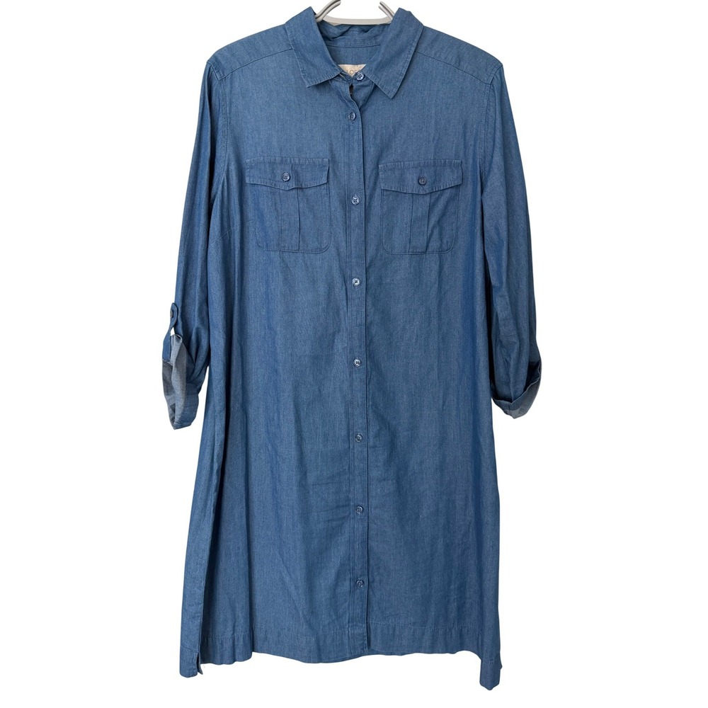 LOFT Chambray Denim Button Front Shirt Dress Large Roll Tab Sleeve Belted Large